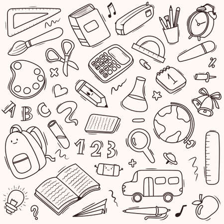 Vector seamless doodle pattern school and school supplies, stationery, books, backpacks, school bus. Black and white.のイラスト素材