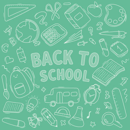 Vector seamless doodle pattern school and school supplies, stationery, books, backpacks, school bus. Chalk imitation on a green board. Back to school bannerのイラスト素材