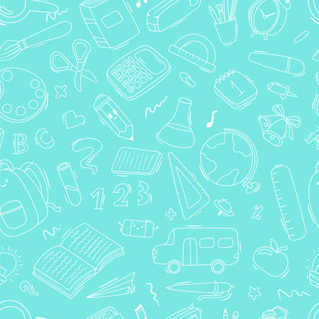 Vector seamless doodle pattern school and school supplies, stationery, books, backpacks, school bus.のイラスト素材