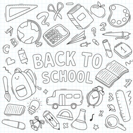 Vector doodle illustration of a cartoon pattern on a notebook sheet in a blue cell. School supplies, writing supplies. Background decoration.のイラスト素材