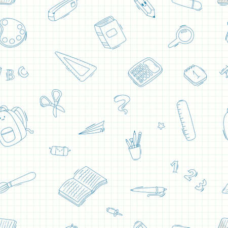 Vector doodle illustration of a cartoon seamless pattern on a notebook sheet in a blue cell. School supplies, writing supplies. Background decoration.のイラスト素材