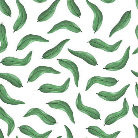 Seamless pattern of beautiful leaves of a plant with shadows and highlights of different shapes in dark green color, in a realistic style.の写真素材