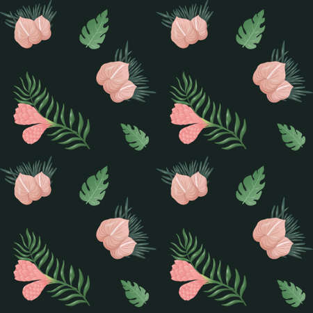 Illustration seamless pattern tropical plants and flowers. Anthurium flower, palm trees. Background decorationの写真素材