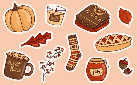 illustration of a set of doodle icons stickers on the autumn theme.のイラスト素材