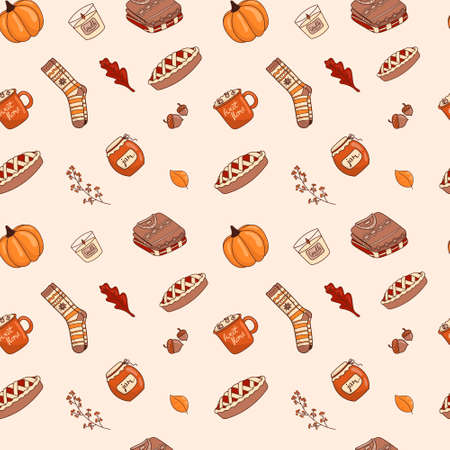 illustration of a seamless pattern of doodle icons-stickers on the autumn theme.のイラスト素材