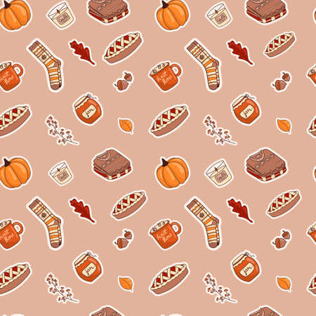 illustration of a seamless pattern of doodle icons-stickers on the autumn theme.のイラスト素材