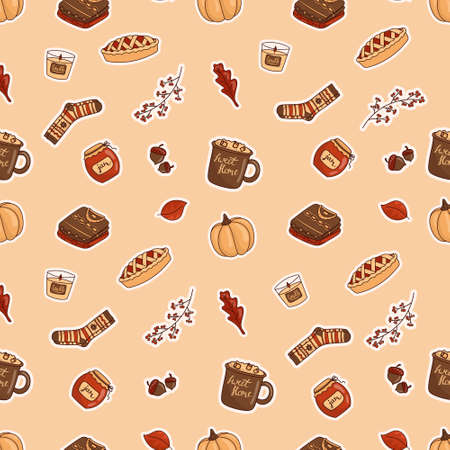 illustration of a seamless pattern of doodle icons-stickers on the autumn theme. Warm colors, cartoon cozy style.のイラスト素材