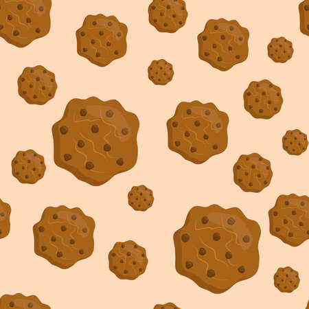 illustration of a seamless pattern of kawaii cute cookies with different sizes of chocolate....
