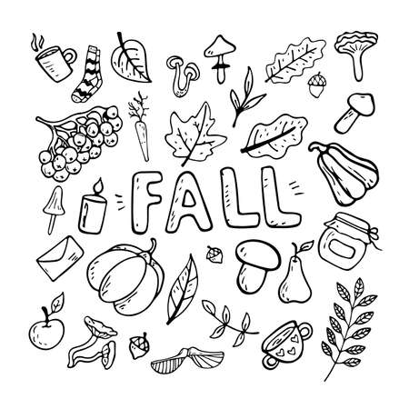 flat illustration on an autumn theme: mushrooms, vegetables, leaves, cute attributes.のイラスト素材