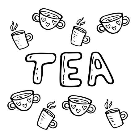 flat illustration tea time with cups of tea and coffee.のイラスト素材