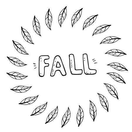 flat illustration banner with inscription fall with autumn leaves. Doodle objects are cut outのイラスト素材