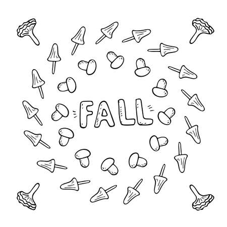 flat illustration banner with inscription fall with autumn mushrooms.のイラスト素材