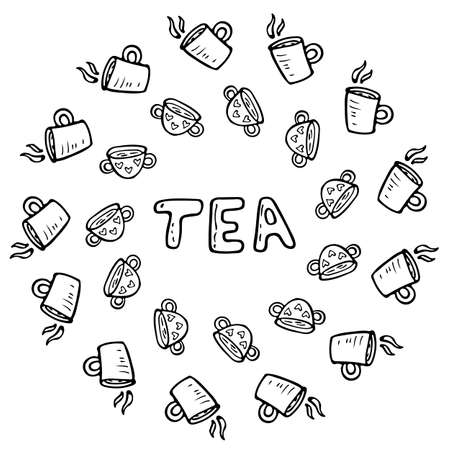flat illustration tea time with cups of tea and coffee.のイラスト素材