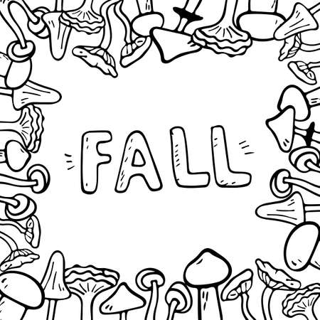 flat illustration banner with inscription fall with autumn mushrooms.のイラスト素材