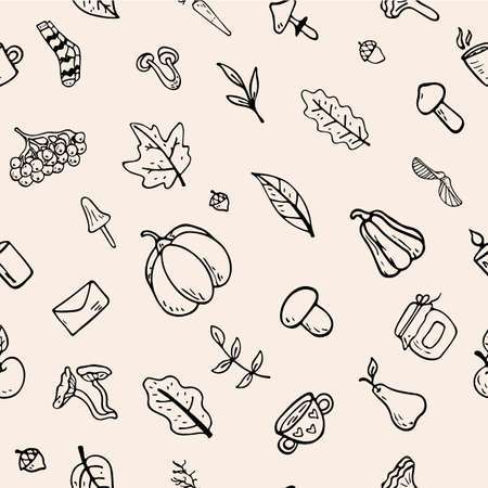 flat illustration seamless pattern on an autumn theme: mushrooms, vegetables, leaves, cute attributes.のイラスト素材