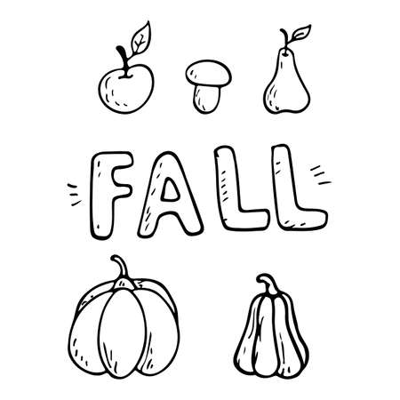 illustration of a set of doodle objects on an autumn theme. Fall inscription. Pumpkins, mushrooms and fruits.のイラスト素材