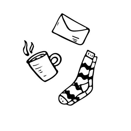 flat doodle illustration. Items of home autumn comfort. Socks, letter and tea.のイラスト素材