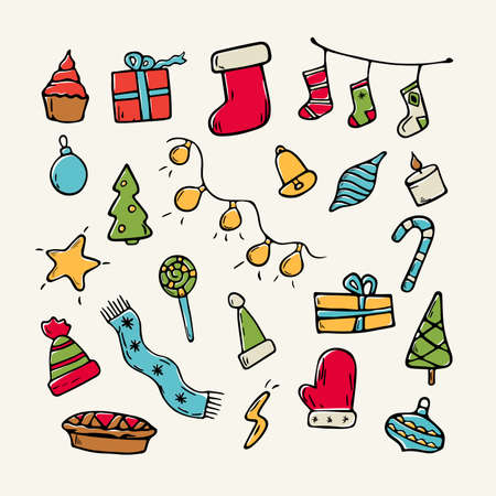Vector cartoon flat illustration. Set of Christmas doodle icons for decoration. Christmas theme. Background decoration.のイラスト素材