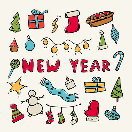 Vector cartoon flat illustration. Set of Christmas doodle icons for decoration. Christmas theme. Background decoration.のイラスト素材