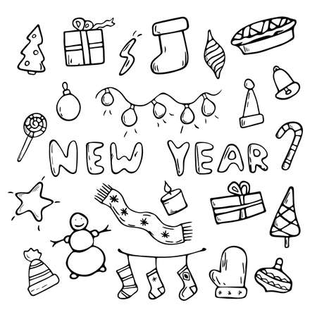 Vector cartoon flat illustration. Set of Christmas doodle icons for decoration. Christmas theme. Background decoration.のイラスト素材