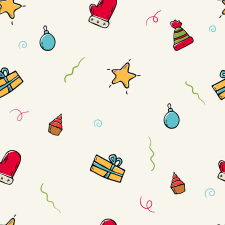 Vector cartoon flat illustration. Seamless pattern with Christmas doodle icons.のイラスト素材
