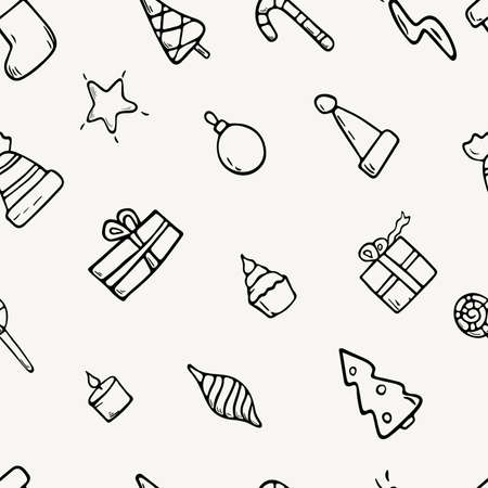 Vector cartoon flat illustration. Seamless pattern with Christmas doodle icons. New year decorations background.のイラスト素材