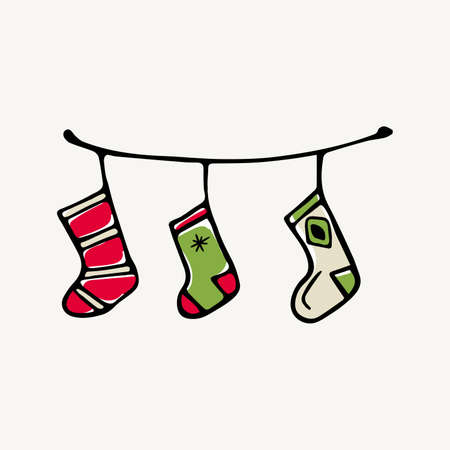 Vector cartoon flat illustration. Doodle image of Christmas socks for gifts on the fireplace. New year decoration element.のイラスト素材