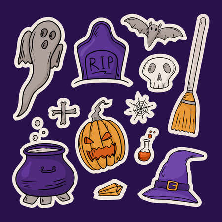 Vector illustration set of icons. Doodle stickers with halloween theme. Background decorationのイラスト素材