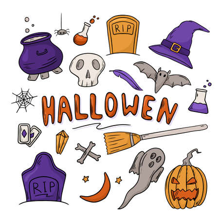 Vector illustration set of icons. Doodle stickers with halloween theme. Background decorationのイラスト素材