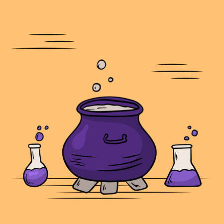 Vector doodle illustration. Cauldron with a boiling potion, flasks with solution. Magic liquid inside.のイラスト素材