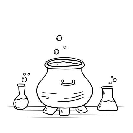 Vector doodle illustration. Cauldron with a boiling potion, flasks with solution. Magic liquid inside.のイラスト素材