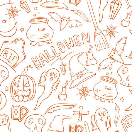Vector illustration seamless pattern. Doodle stickers with halloween theme. Background decorationのイラスト素材