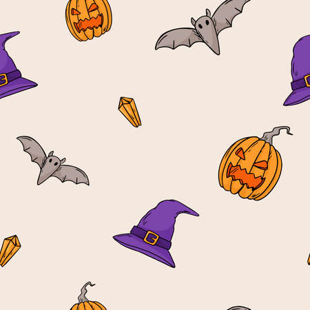 Vector illustration seamless pattern. Doodle stickers with halloween theme. Background decorationのイラスト素材