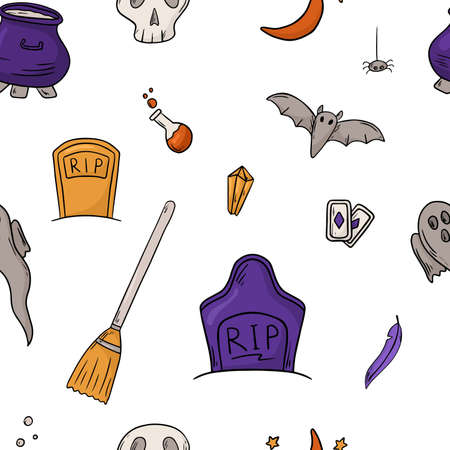 Vector illustration seamless pattern. Doodle stickers with halloween theme. Background decorationのイラスト素材