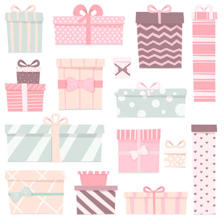 Vector illustration set of cute gifts of different shapes and colors. Boxes with bows of delicate colors.のイラスト素材