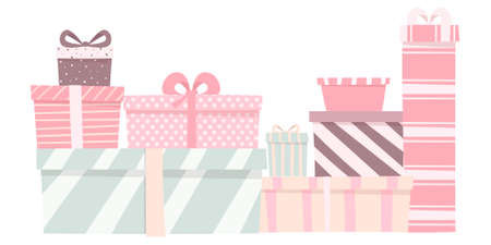 Vector illustration set of cute gifts of different shapes and colors. Boxes with bows of delicate colors.のイラスト素材
