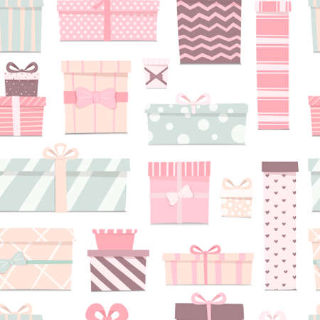 Vector illustration of a seamless pattern of cute gifts of different shapes and colors. Boxes with bows of delicate colors.のイラスト素材