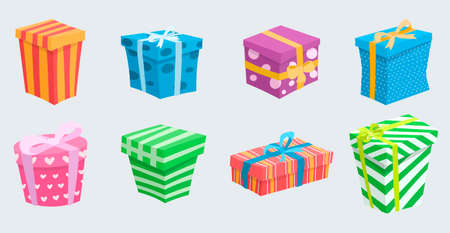 Vector illustration set of cute gifts of different shapes and colors. Boxes with bows of bright colors.のイラスト素材
