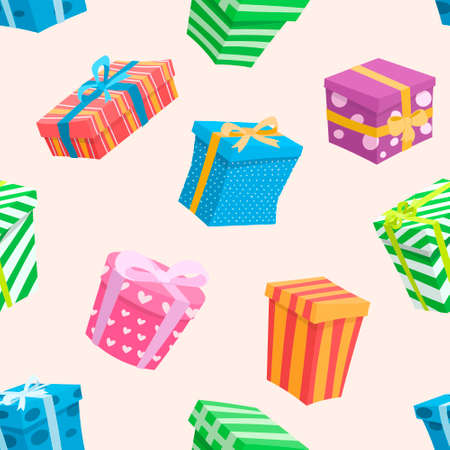 Vector illustration seamless pattern with boxes. Multicolored cartoon gifts with bows.のイラスト素材