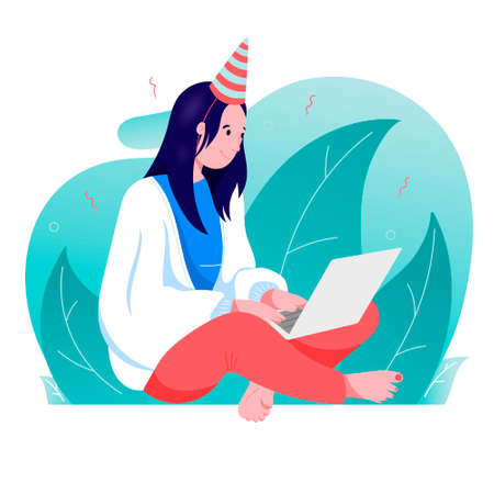 Vector flat illustration. Woman celebrating a birthday in front of a laptop. New normal, meeting with family and friends via video link.のイラスト素材