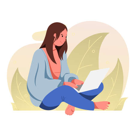 Vector flat illustration. Woman in front of a laptop. New normal, meeting with family and friends via video link.のイラスト素材