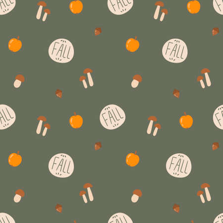 Vector illustration seamless pattern. Background decoration on the autumn theme. Vegetables, mushrooms and acorns.のイラスト素材