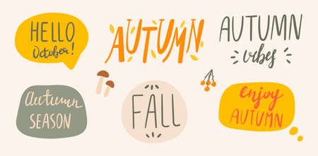 Vector illustration of a cloud with text messages. Stickers with inscriptions about autumn.のイラスト素材