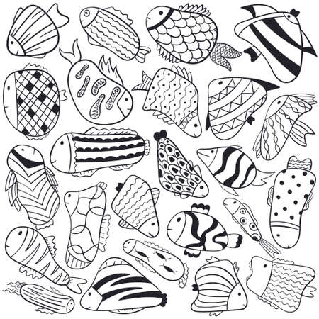 Vector doodle illustration. Black and white cartoon fish of different shapes, with patterns.のイラスト素材
