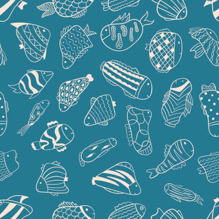 Vector doodle illustration seamless pattern. Cartoon fish on a blue background of different shapes, with patterns.のイラスト素材