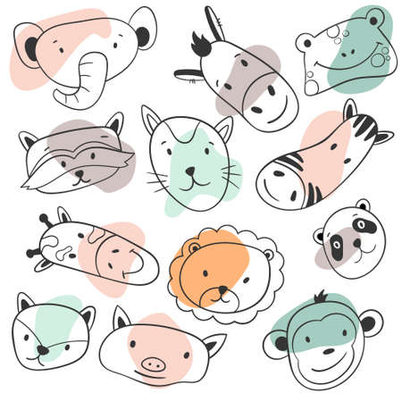 Vector illustration set of cute animal faces. Cartoon doodle stickers icons.のイラスト素材