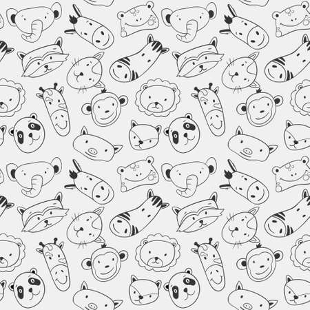 Vector illustration of animal faces seamless pattern. Cartoon doodle stickers icons.のイラスト素材