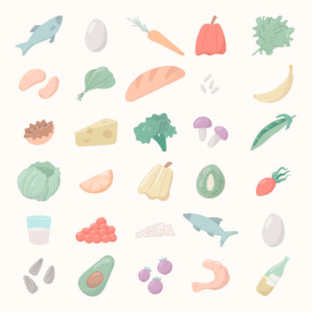 Vector illustration of a group of cartoon objects. Healthy food icons. Fruits, vegetables and cereals, seafood.のイラスト素材