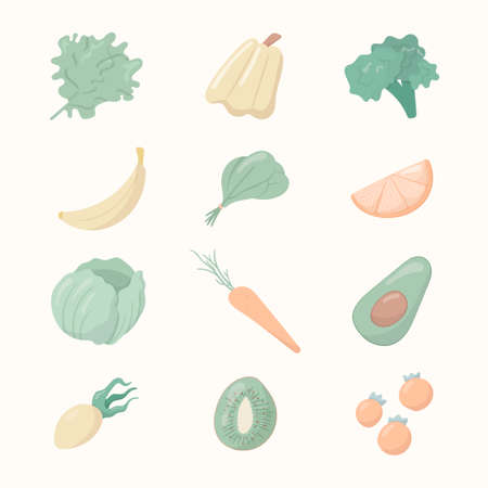 Vector illustration of a group of cartoon objects. Healthy food icons. Fruits, vegetables.のイラスト素材