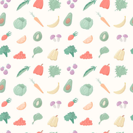 Vector illustration of a group of cartoon objects. Seamless pattern, healthy food with vitamins and minerals. Vegetables, fruits and cereals.のイラスト素材